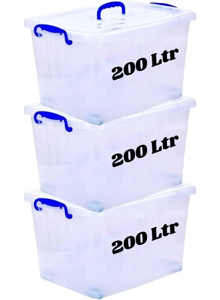 هيواري مجموعة صناديق تخزين بلاستيكية شفافة من هايوير، سعة ٢٠٠ لتر، من ٣ قطع، بأغطية قابلة للقفل | حاويات تنظيم شفافة للملابس، والألعاب، والأدوات، والحرف اليدوية | حلول تخزين قابلة للتكديس بمقابض (٣ صناديق × ٢٠٠ لتر) - Image 1