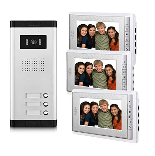 AMOCAM 3 Units Apartment Video Intercom System, 7 Inch Monitor Wired Video Doorbell Door Phone Kits, Indoor Outdoor IR Camera, Monitoring, Unlock, 2 Way Intercom for 3-Household Home Apartment - Image 1