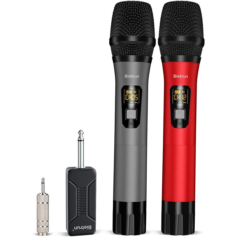 Bietrun Wireless Microphone Professional UHF Metal Dual Handheld Cordless Dynamic Mic System Set with Rechargeable Receiver 14Output Plug and Play InstrumentWirelessMics for Karaoke Wedding
