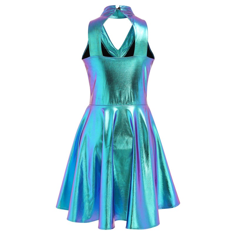 ODASDO Women Trapeze Artist Fancy Dress Circus Costume, Woman Holographic Metallic Jumpsuit One-piece Bodysuit Mock Neck Leotard Dress Gymnastic Talent Show Ballet Dancewear Stage Performace Blue XL - Image 2