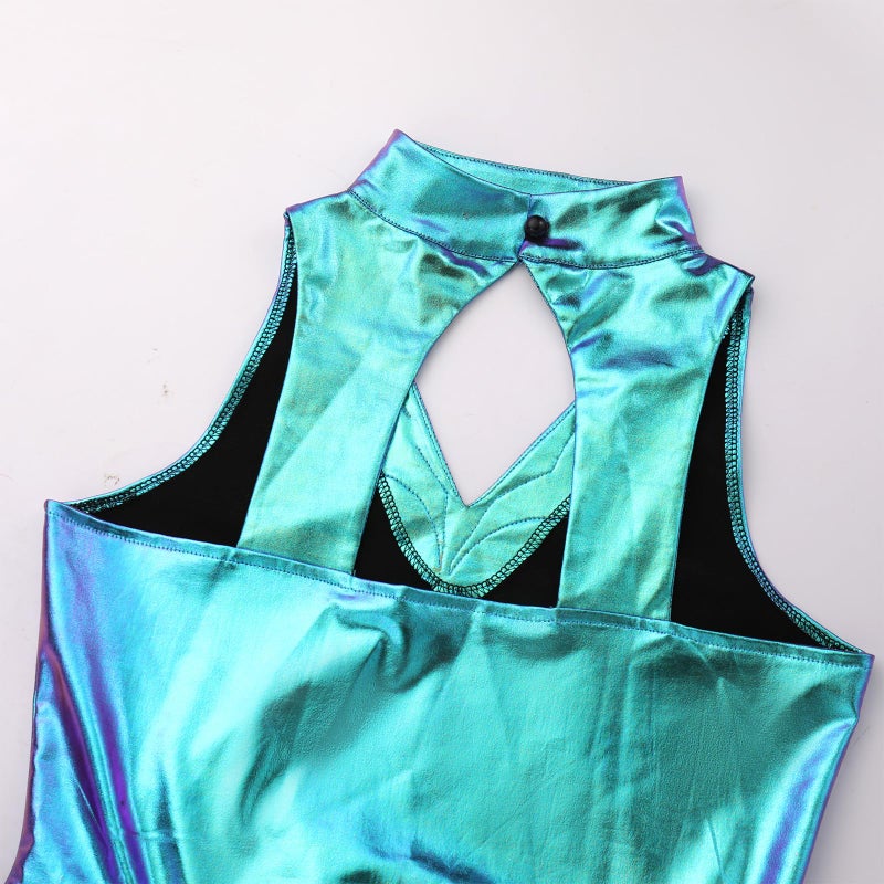 ODASDO Women Trapeze Artist Fancy Dress Circus Costume, Woman Holographic Metallic Jumpsuit One-piece Bodysuit Mock Neck Leotard Dress Gymnastic Talent Show Ballet Dancewear Stage Performace Blue XL - Image 5