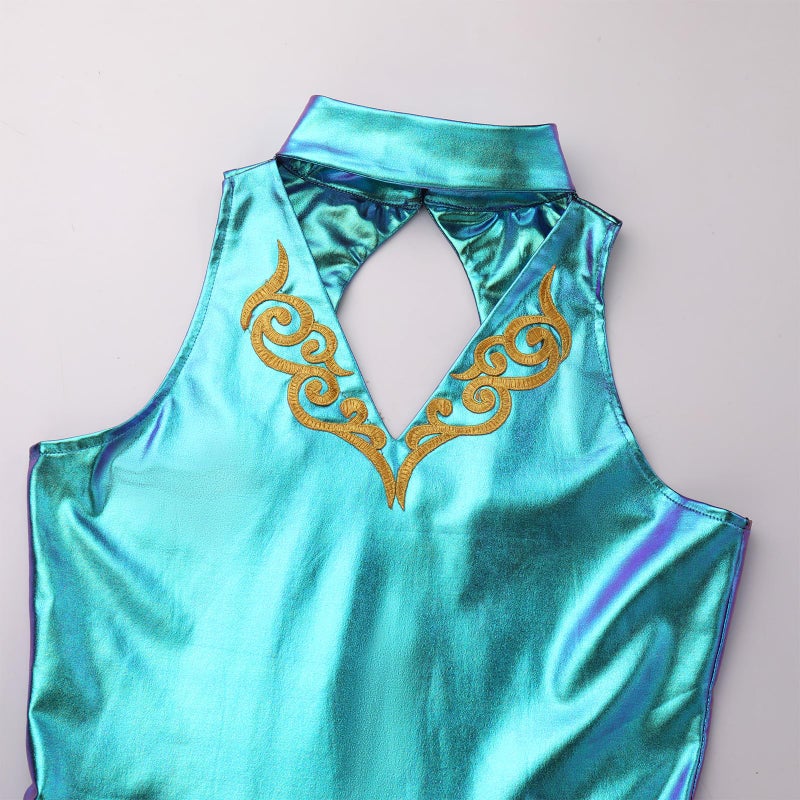 ODASDO Women Trapeze Artist Fancy Dress Circus Costume, Woman Holographic Metallic Jumpsuit One-piece Bodysuit Mock Neck Leotard Dress Gymnastic Talent Show Ballet Dancewear Stage Performace Blue XL - Image 4