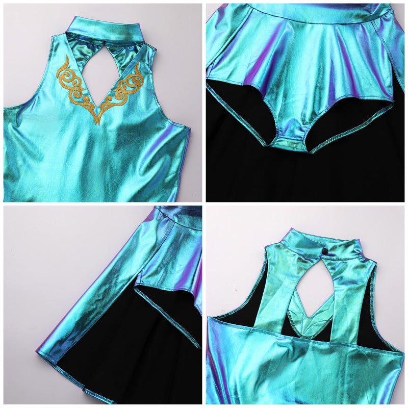 ODASDO Women Trapeze Artist Fancy Dress Circus Costume, Woman Holographic Metallic Jumpsuit One-piece Bodysuit Mock Neck Leotard Dress Gymnastic Talent Show Ballet Dancewear Stage Performace Blue XL - Image 3