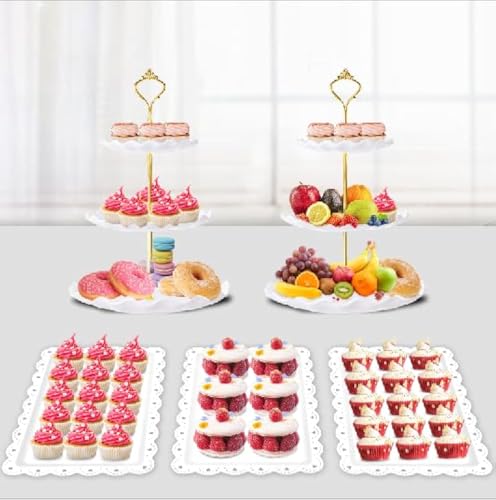 PinCute 5 Pcs Dessert Table Display Set  2 X Cupcake Stand HolderCup Cake Tier Tower  3 X Serving Tray Combo for Tea Party Birthday Baby Shower Wave Round