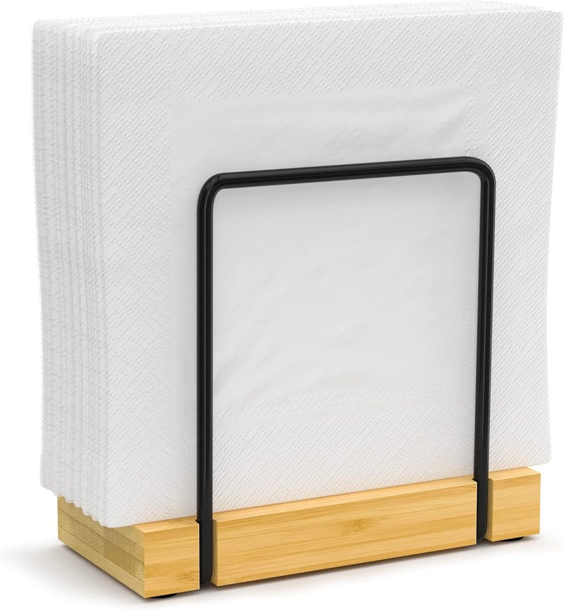 Wican Napkin Holder for Table, Bamboo Iron Standing Napkin Dispenser for Kitchen Dining Table Farmhouse Cocktail Picnic Rustic Wood Holders for Mail Bills Suitable for All Dining Room Decors Black & Yellow - Image 1