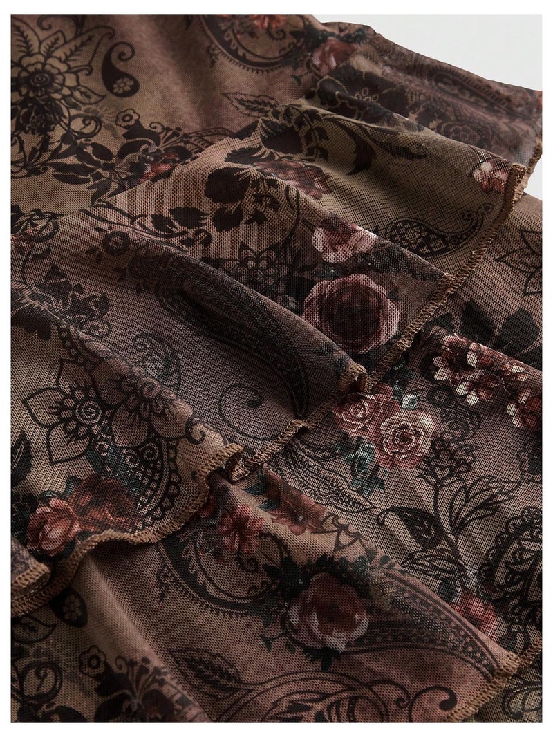 Verdusa Women's Y2k Outfits Gothic Dresses Vintage Boho Beaded Ruffle Lace Paisley Print Tiered Mini Summer Dress Brown Medium - Image 5