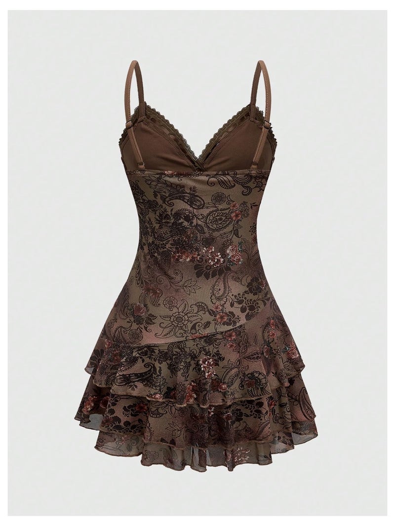 Verdusa Women's Y2k Outfits Gothic Dresses Vintage Boho Beaded Ruffle Lace Paisley Print Tiered Mini Summer Dress Brown Medium - Image 3