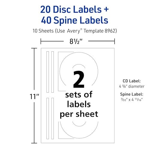 Avery Printable DVD Labels, Matte White Film, Permanent Adhesive, Laser & Inkjet Printer Compatible, 20 Blank DVD Labels & 40 Spine Labels, Ideal for CDs, DVDs, PC Discs, Media Projects & More (8962) - Image 3