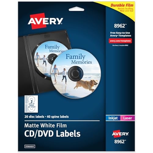 Avery Printable DVD Labels, Matte White Film, Permanent Adhesive, Laser & Inkjet Printer Compatible, 20 Blank DVD Labels & 40 Spine Labels, Ideal for CDs, DVDs, PC Discs, Media Projects & More (8962) - Image 1