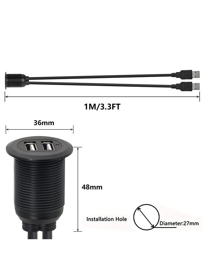 SinLoon USB 2.0 Mount Cable 2 Ports Dual USB 2.0 Male to USB 2.0 Female AUX Flush Mount Car Mount Extension Cable for Car Truck Boat Motorcycle Dashboard Panel 3.3FT(USB 2.0) - Image 3