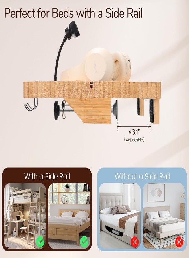 Fivebop Bedside Shelf for Dorm Bed & Top Bunk, Bamboo Bed Side Table Tray with Cup Phone Holder & Hooks, Bedside Caddy, Clip on Nightstand Bedside Storage College Dorm Room Essentials (Bamboo) - Image 5