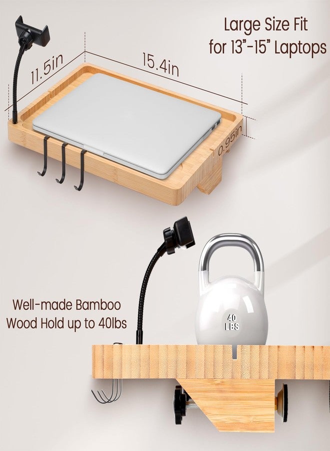 Fivebop Bedside Shelf for Dorm Bed & Top Bunk, Bamboo Bed Side Table Tray with Cup Phone Holder & Hooks, Bedside Caddy, Clip on Nightstand Bedside Storage College Dorm Room Essentials (Bamboo) - Image 2