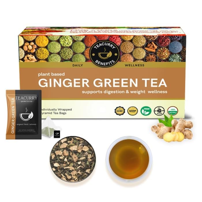 Teacurry Ginger Green Tea (30 Tea Bags) - Supports Joint Comfort & Digestion | Promotes Daily Wellness & Helps Boost Immunity & Eases Stress - Image 1