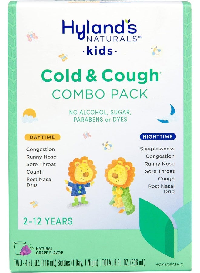 Hyland's دواء البرد للأطفال من عمر 2+، حبوب هايلاندز الطبيعية للأطفال للبرد والسعال، حزمة القيمة النهارية والليلية، شراب العنب، دواء السعال للأطفال، 4 أونصة سائلة لكل منها، 2 عدد (عبوة من 1) - Image 1