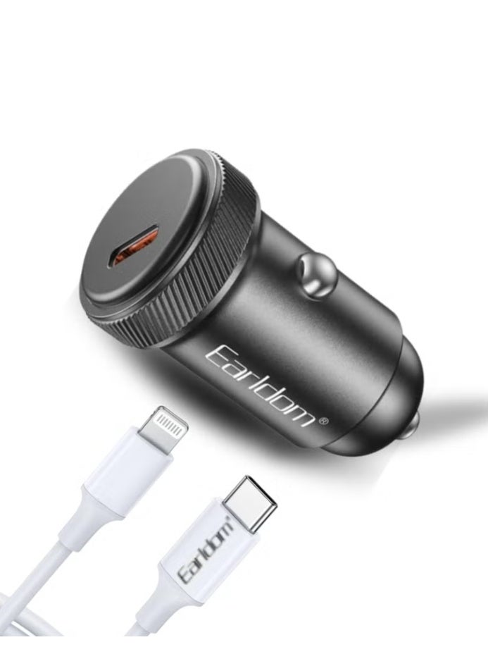 Earldom PD 30W Fast Car Charger Adapter with Type-C to Lightning Cable, USB-C Power Delivery Car Charger for iPhone 16/15/14/13/12/11, iPad, AirPods & Compatible Devices, Black - Image 1