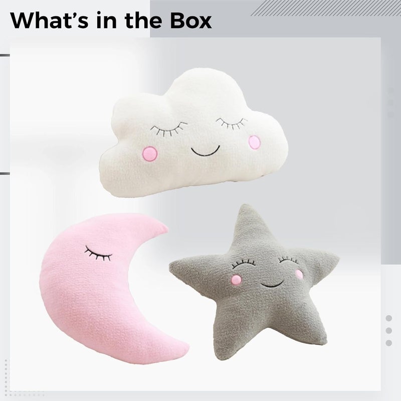 Bedroom Plush Pillows, 3-Pack; Star, Moon, Cloud Design - Image 2