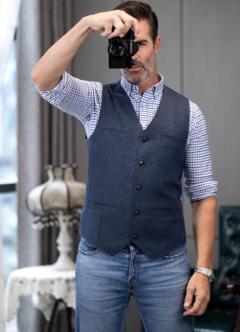 Ceehuteey Mens Suit Vest Waistcoat Tweed Retro V Neck Wool Herringbone for Prom - Image 4