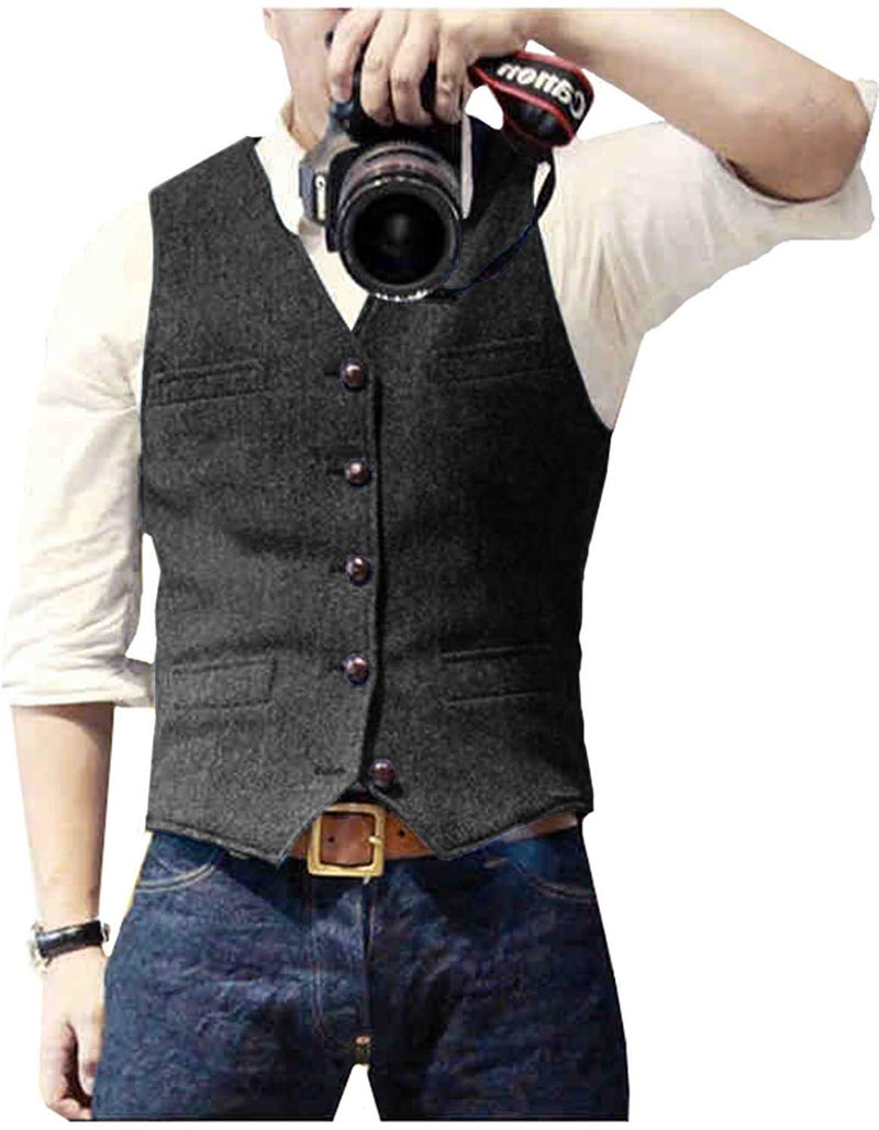 Ceehuteey Mens Suit Vest Waistcoat Tweed Retro V Neck Wool Herringbone for Prom - Image 1