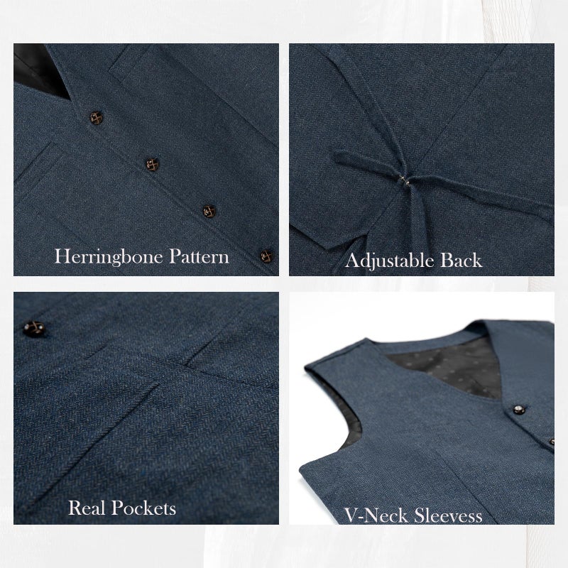Ceehuteey Mens Suit Vest Waistcoat Tweed Retro V Neck Wool Herringbone for Prom - Image 5