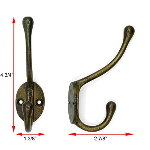 CRAFTSMAN ROAD Vintage Cast Iron Wall Hooks (Antique Brass Finish, Set of 4) - Rustic, Farmhouse Coat Hooks | Coats, Bags, Towels, Hats | Classic Slender - Image 4