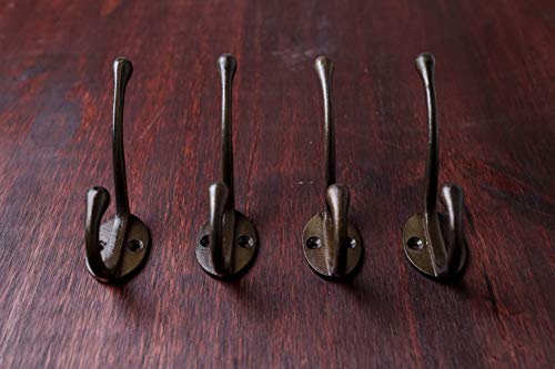 CRAFTSMAN ROAD Vintage Cast Iron Wall Hooks (Antique Brass Finish, Set of 4) - Rustic, Farmhouse Coat Hooks | Coats, Bags, Towels, Hats | Classic Slender - Image 3