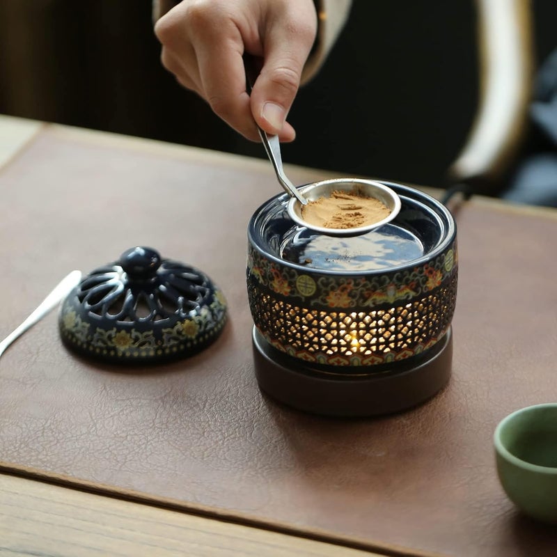 LBOYLOVE Ceramic Electric Incense Burner, Classical Incense Holder Chinese Lotus with Timer, Spoon, Plate, Tweezers for Indoor Air Purification/Home Decoration/Meditation, Yoga, SPA (E) - Image 3