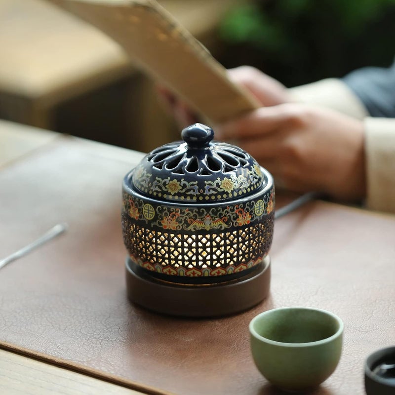 LBOYLOVE Ceramic Electric Incense Burner, Classical Incense Holder Chinese Lotus with Timer, Spoon, Plate, Tweezers for Indoor Air Purification/Home Decoration/Meditation, Yoga, SPA (E) - Image 2