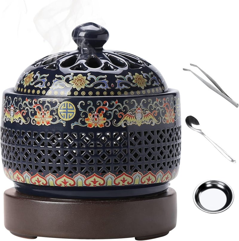 LBOYLOVE Ceramic Electric Incense Burner, Classical Incense Holder Chinese Lotus with Timer, Spoon, Plate, Tweezers for Indoor Air Purification/Home Decoration/Meditation, Yoga, SPA (E) - Image 1