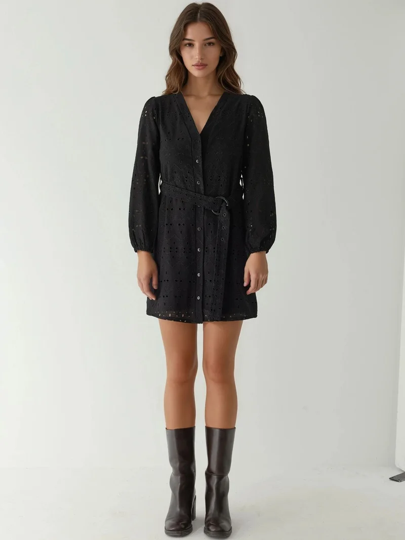 HICCUP Black Patterned V-Neck Mini Dress Pika Collection for Women | Best Price UAE