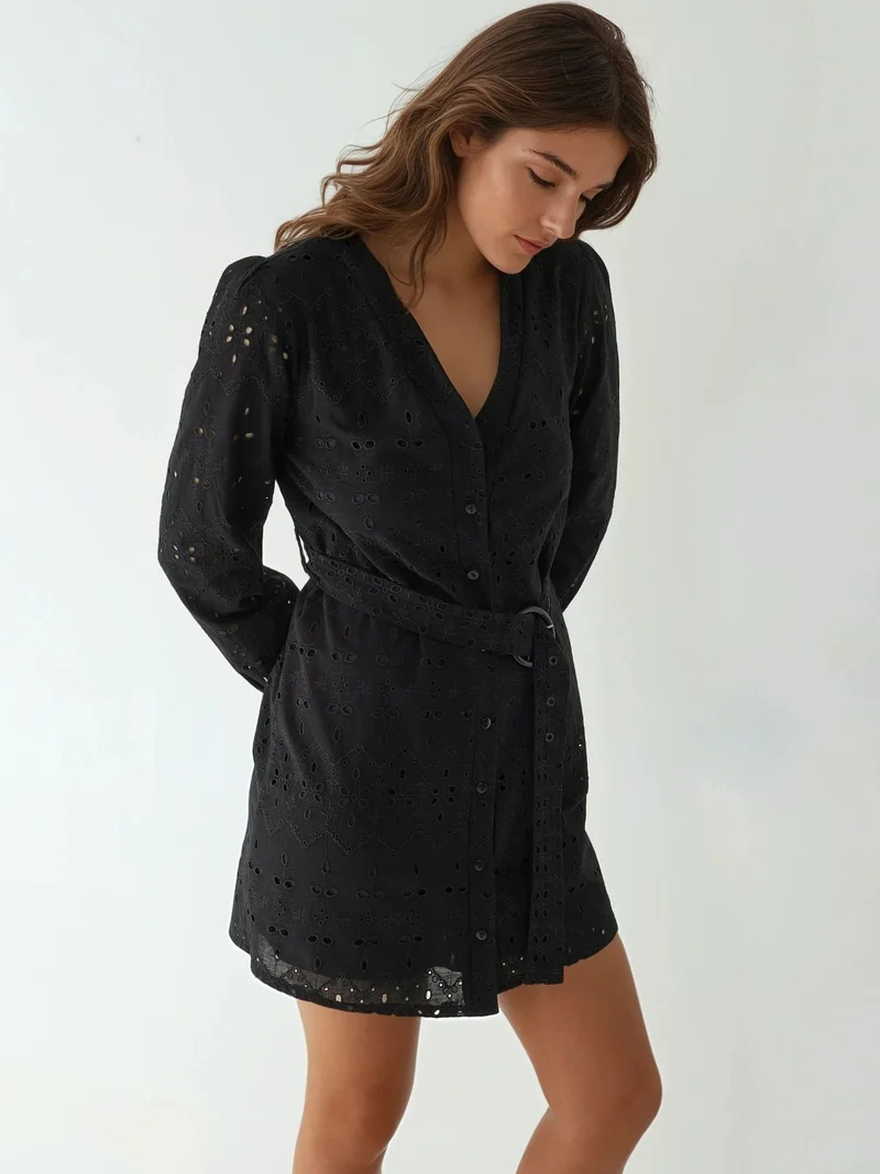 HICCUP Black Patterned V-Neck Mini Dress Pika Collection for Women | Best Price UAE