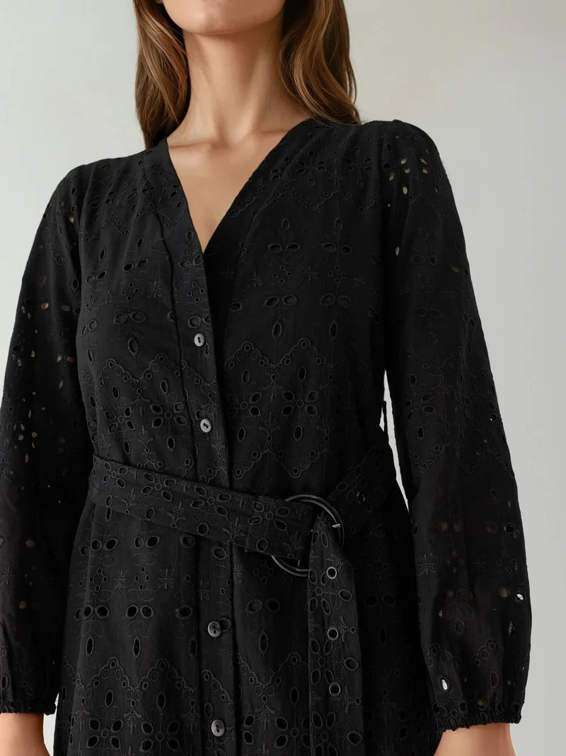 HICCUP Black Patterned V-Neck Mini Dress Pika Collection for Women | Best Price UAE