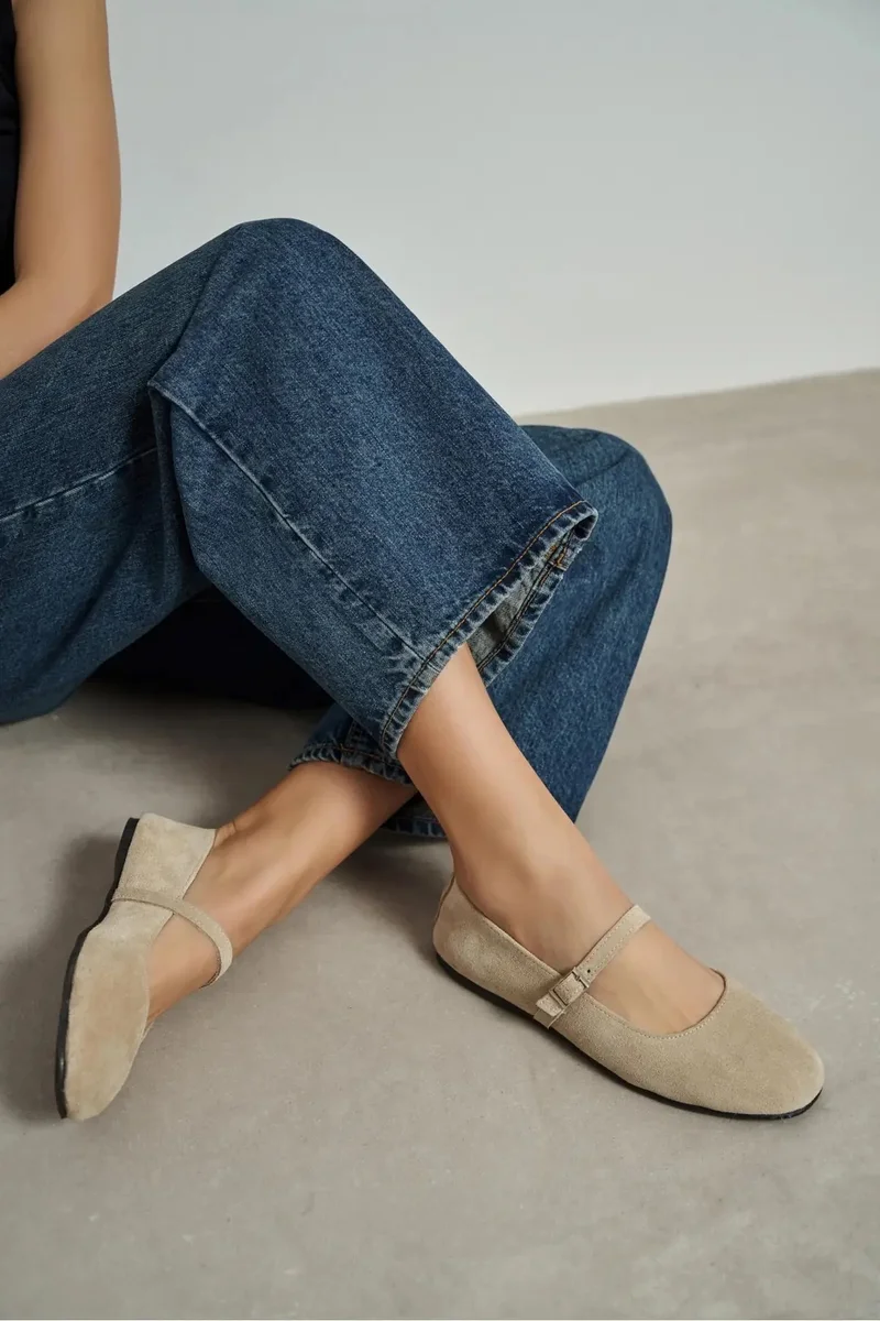 Nisantasi Shoes Mono Genuine Leather Buckle Detail Ballet Flat — Beige