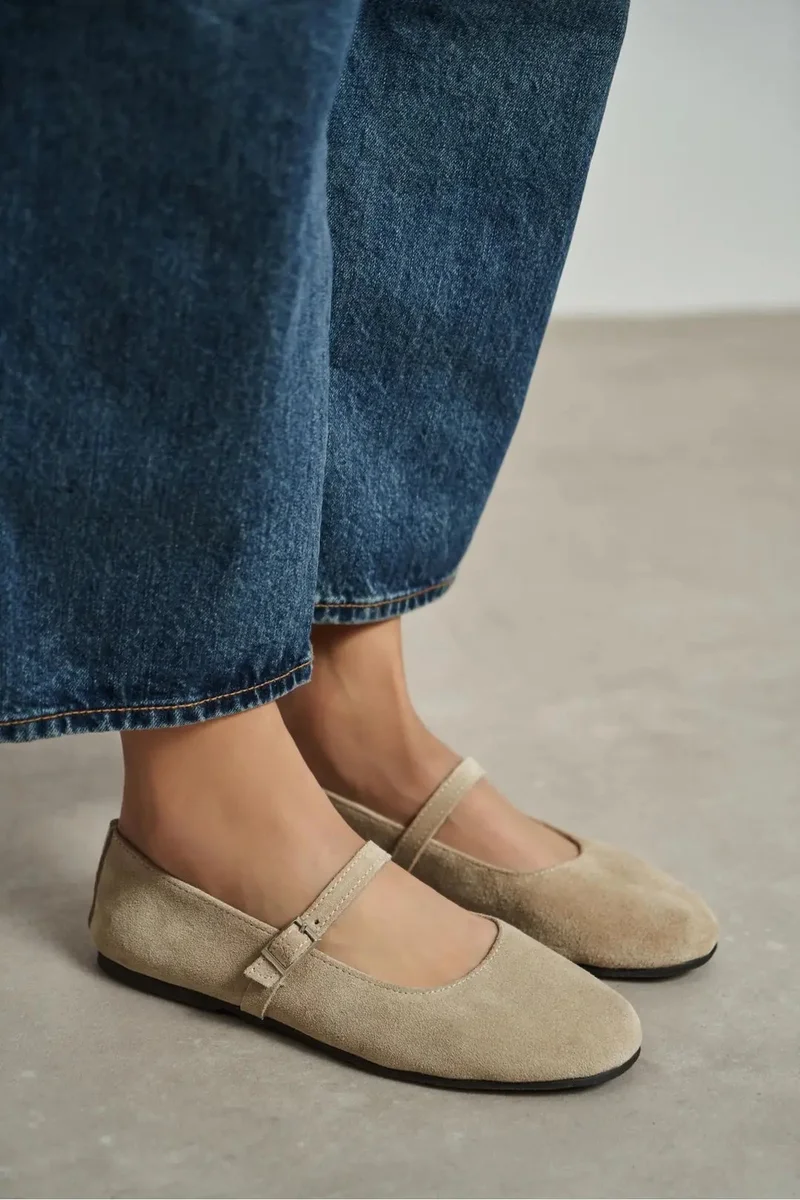 Nisantasi Shoes  Mono Genuine Leather Buckle Detail Ballet Flat — Beige for Women | Best Price UAE