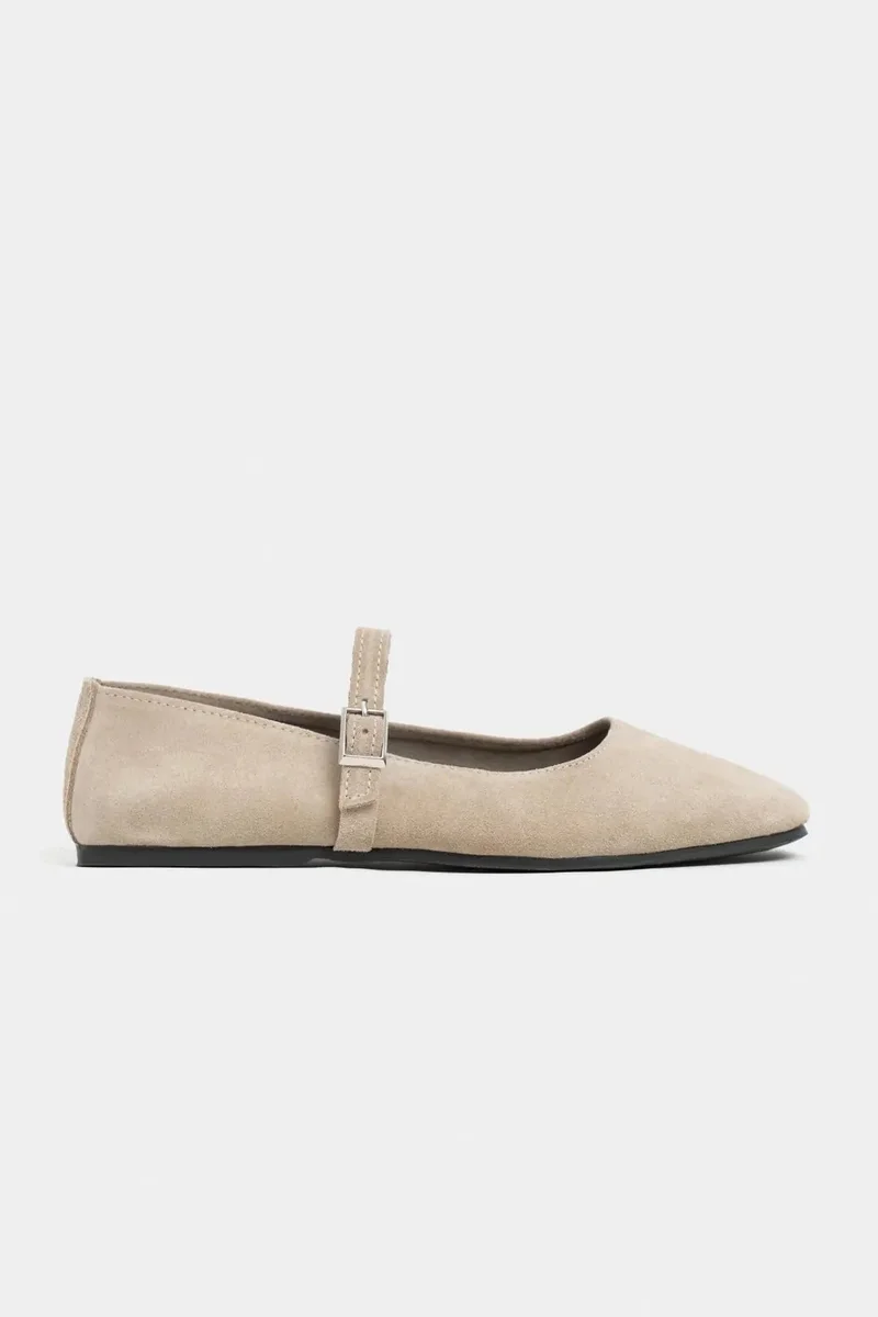 Nisantasi Shoes  Mono Genuine Leather Buckle Detail Ballet Flat — Beige for Women | Best Price UAE