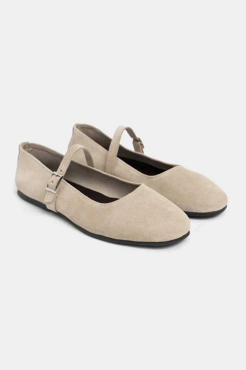 Nisantasi Shoes  Mono Genuine Leather Buckle Detail Ballet Flat — Beige for Women | Best Price UAE
