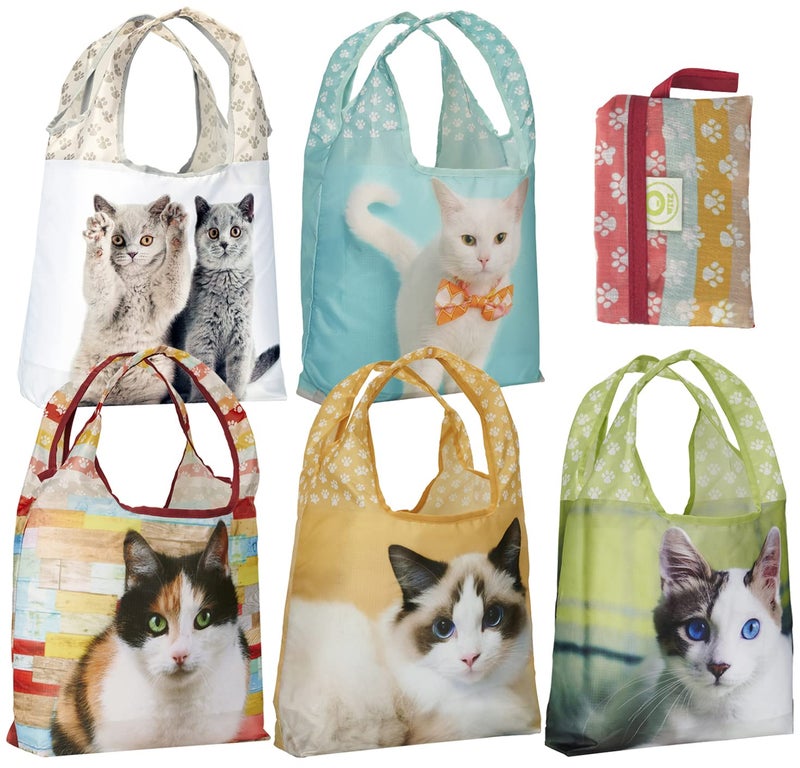 OWITZ Reusable Grocery Bags  Vibrant Tote Bag For Groceries Gym Beach Gear Toys  More  Washable Design With Large Handles For Maximum Convenience  Folds Into A Small Pouch 5 PackCats