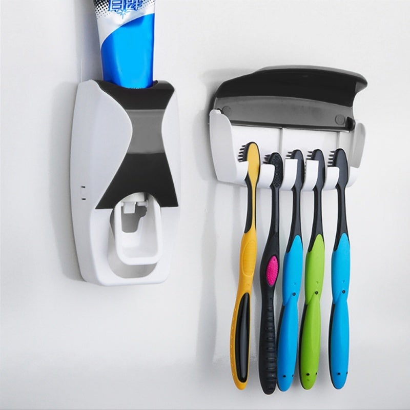 Toothpaste Dispenser Black Wall-Mounted Holder With Anti-Dust Design - Vacuum Extrusion Pump Brush Organizer for Home Hotel Bathroom - Image 1
