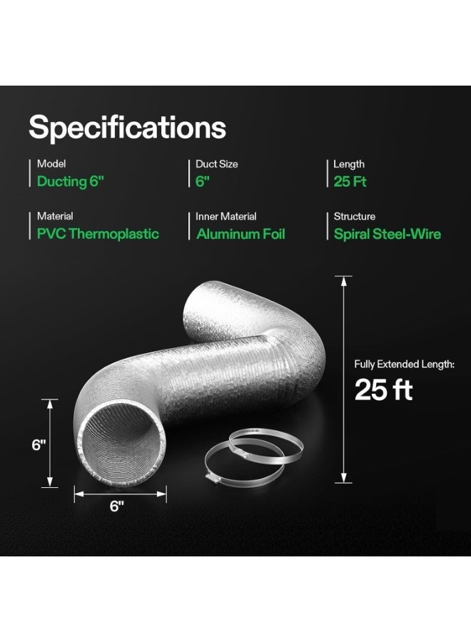 YOUWE7 قناة تهوية مرنة من الألومنيوم مقاس 6 بوصات و25 قدمًا، مزودة بمشبكين، ومجموعة تهوية خرطوم مجفف طويل ومتين متعدد الطبقات، للتدفئة والتبريد والتهوية والعادم وأنظمة مراوح القنوات - Image 3