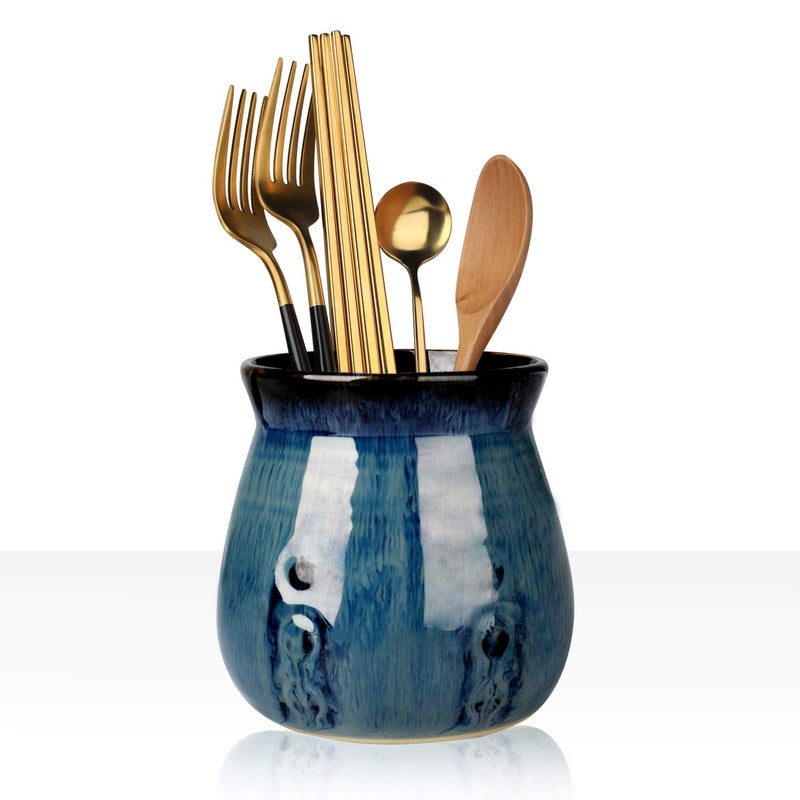 HAOTOP Ceramic Utensil Holder Porcelain Utensil Crock Easy to Clean - 30oz (Gradient Blue) - Image 1
