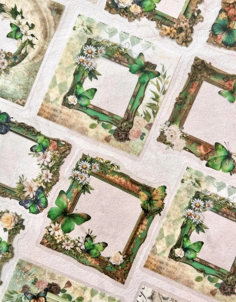 كاغيت جيمي دوكان Mirror Butterfly Love Series Green Color Flower and Butterfly Patterned Frame 30 Pieces Transparent Pet Sticker
