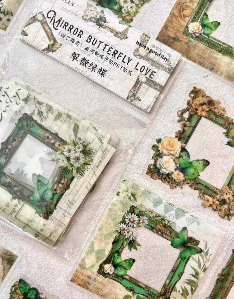 كاغيت جيمي دوكان Mirror Butterfly Love Series Green Color Flower and Butterfly Patterned Frame 30 Pieces Transparent Pet Sticker