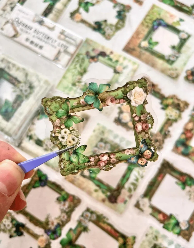كاغيت جيمي دوكان Mirror Butterfly Love Series Green Color Flower and Butterfly Patterned Frame 30 Pieces Transparent Pet Sticker