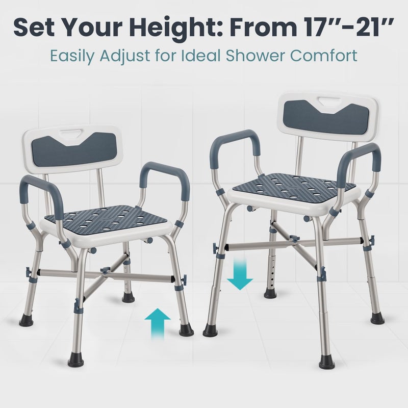PELEGON Shower Chair for Elderly and Disabled (450lb) with Padded Armrests and Back, Adjustable Height Shower Seat, Heavy Duty Shower Chairs for Inside Shower, Handicap - Blue - Image 4