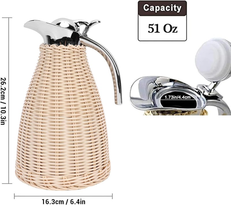 Thermal Jug, Handwoven Stainless Steel Carafe with 3 Layer Insulation and 12 Hour Heat Retention, 24 Hour Cold Preservation for Home or Office Use (Beige) - Image 2