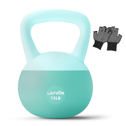 LAVVON Soft Kettlebell Cushioned ImpactResistant Base and AntiSlip Kettle bell AntiSlip Grip Weight for Home Workouts Safe Strength Training Kettlebells Sets for Women Men With Nonslip Gloves Green 15 LB - Image 1