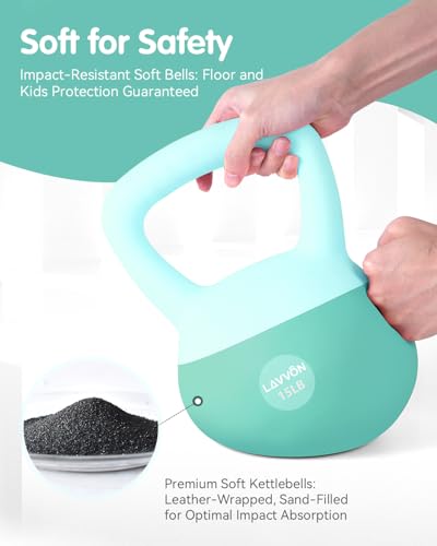 LAVVON Soft Kettlebell Cushioned ImpactResistant Base and AntiSlip Kettle bell AntiSlip Grip Weight for Home Workouts Safe Strength Training Kettlebells Sets for Women Men With Nonslip Gloves Green 15 LB - Image 3