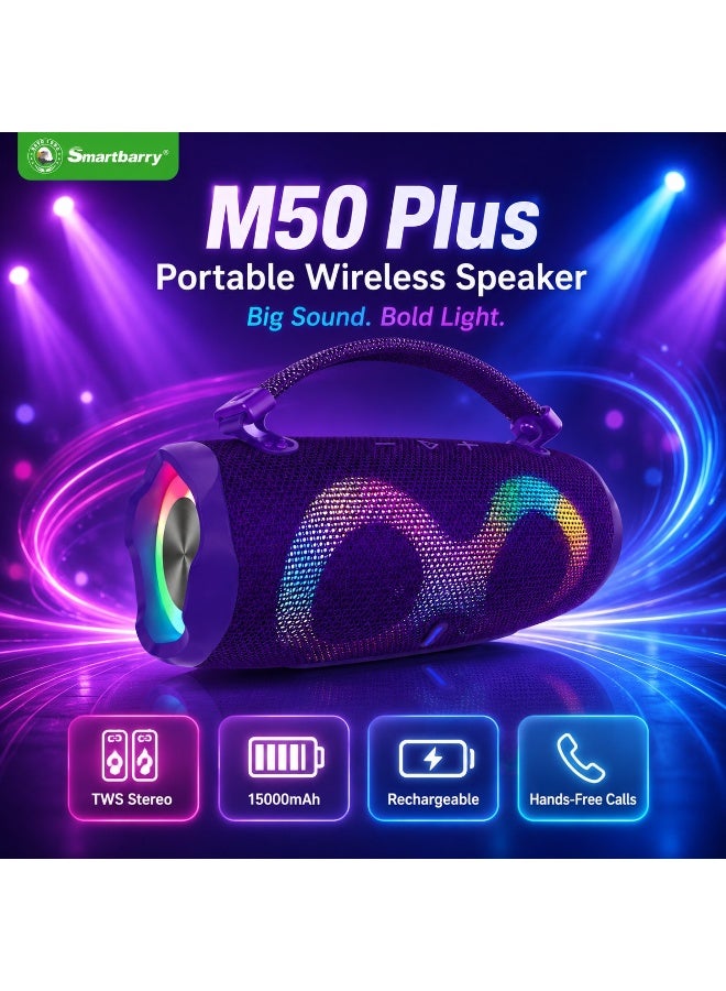 Smartbarry M50 Plus Portable Wireless Speaker Purple with RGB LED Lights, TWS Stereo Sound, 15000mAh Rechargeable Battery, Hands-Free Calling, Deep Bass Outdoor Bluetooth Party Speaker - Image 1