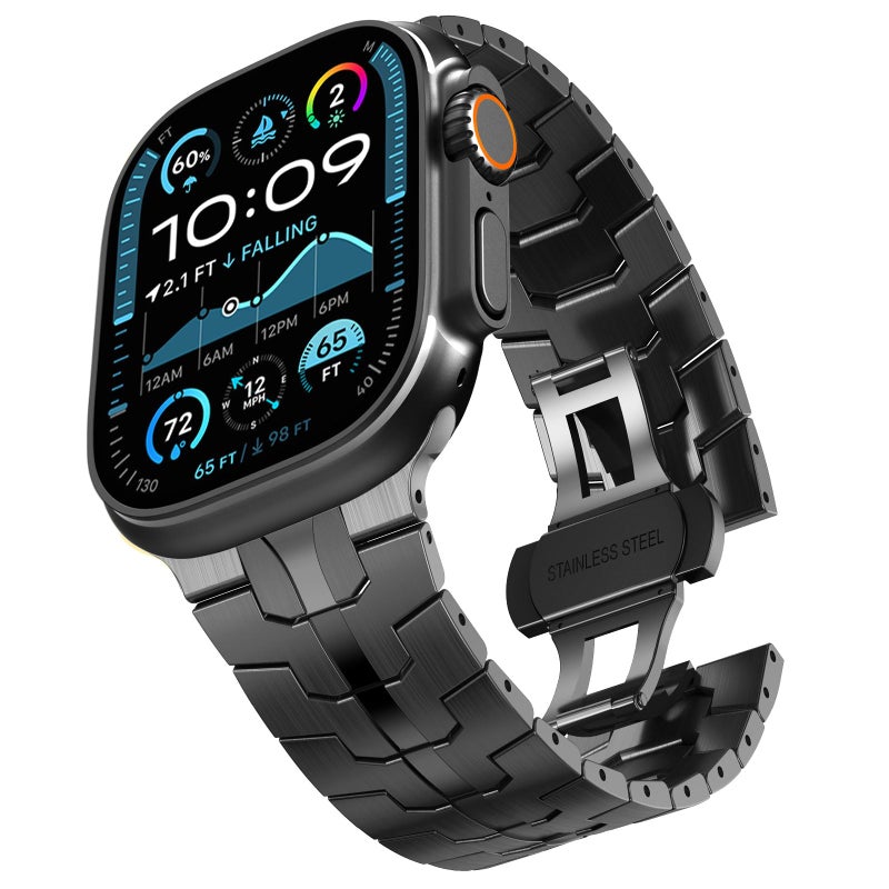 CHANCHY Stainless Steel Band for Apple Watch Band Apple Watch Ultra 3/2/1 Band 49mm, Series 11/10 46mm, 9/8/7 45mm, SE3/SE2/SE 6/5/4 44mm, 3/2/1 42mm, Metal Strap with Folding Clasp for Men, Black - Image 1