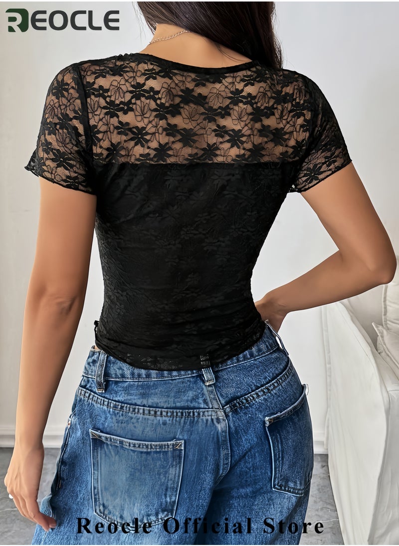 REOCLE Women's Lace Round Neck Short Sleeve See-through Top Mesh Embroidery Top  - Image 4