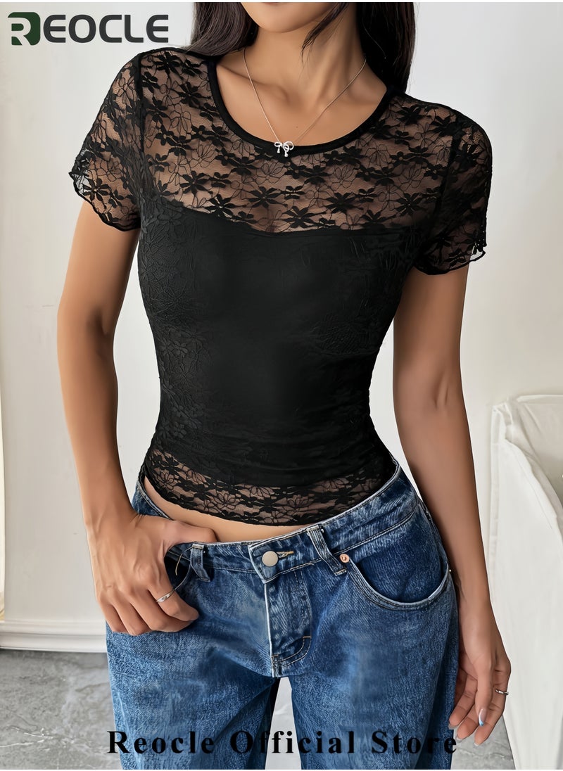 REOCLE Women's Lace Round Neck Short Sleeve See-through Top Mesh Embroidery Top  - Image 2
